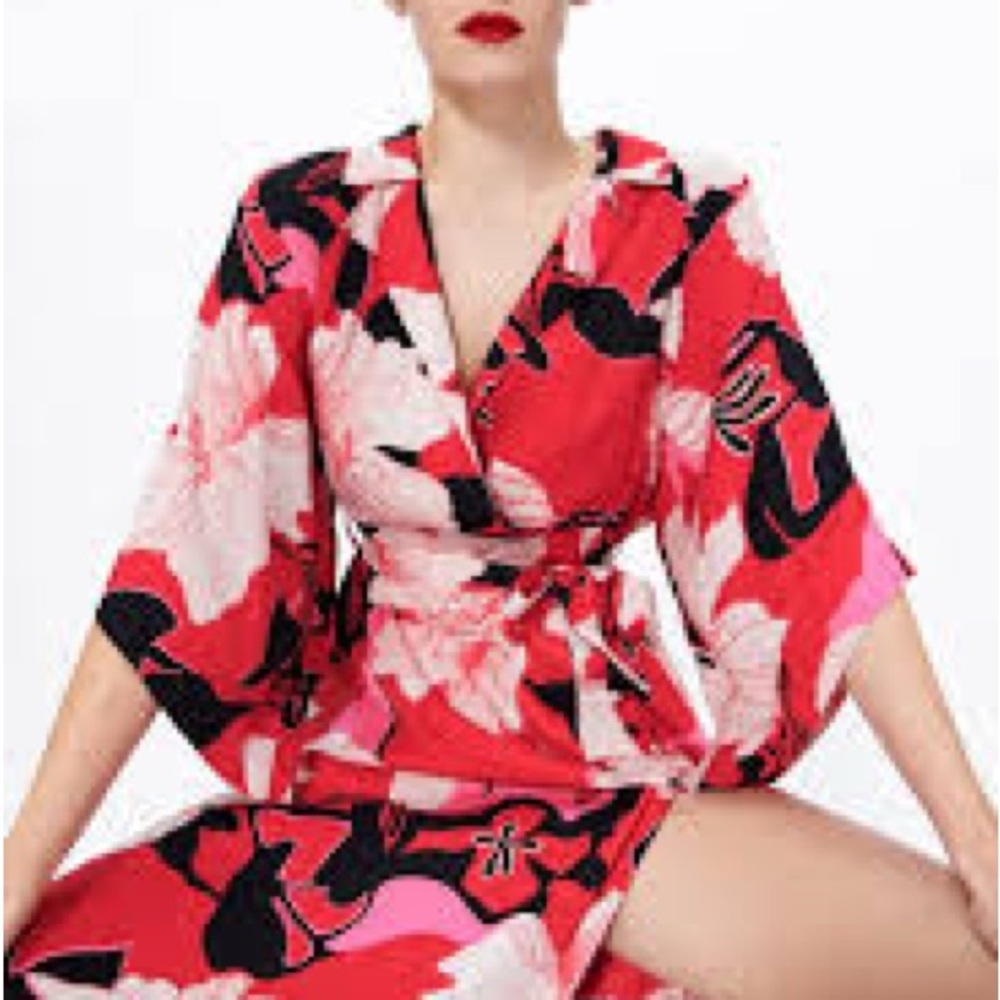 Zara Red and Pink Floral Kimono Dress